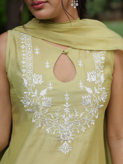 Women's Sage Green Embroidered Kurta Set Salwar with Dupatta