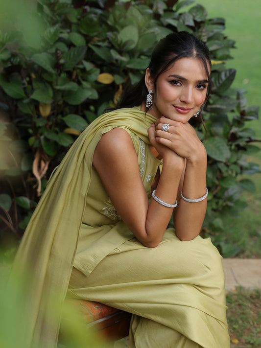 Women's Sage Green Embroidered Kurta Set Salwar with Dupatta