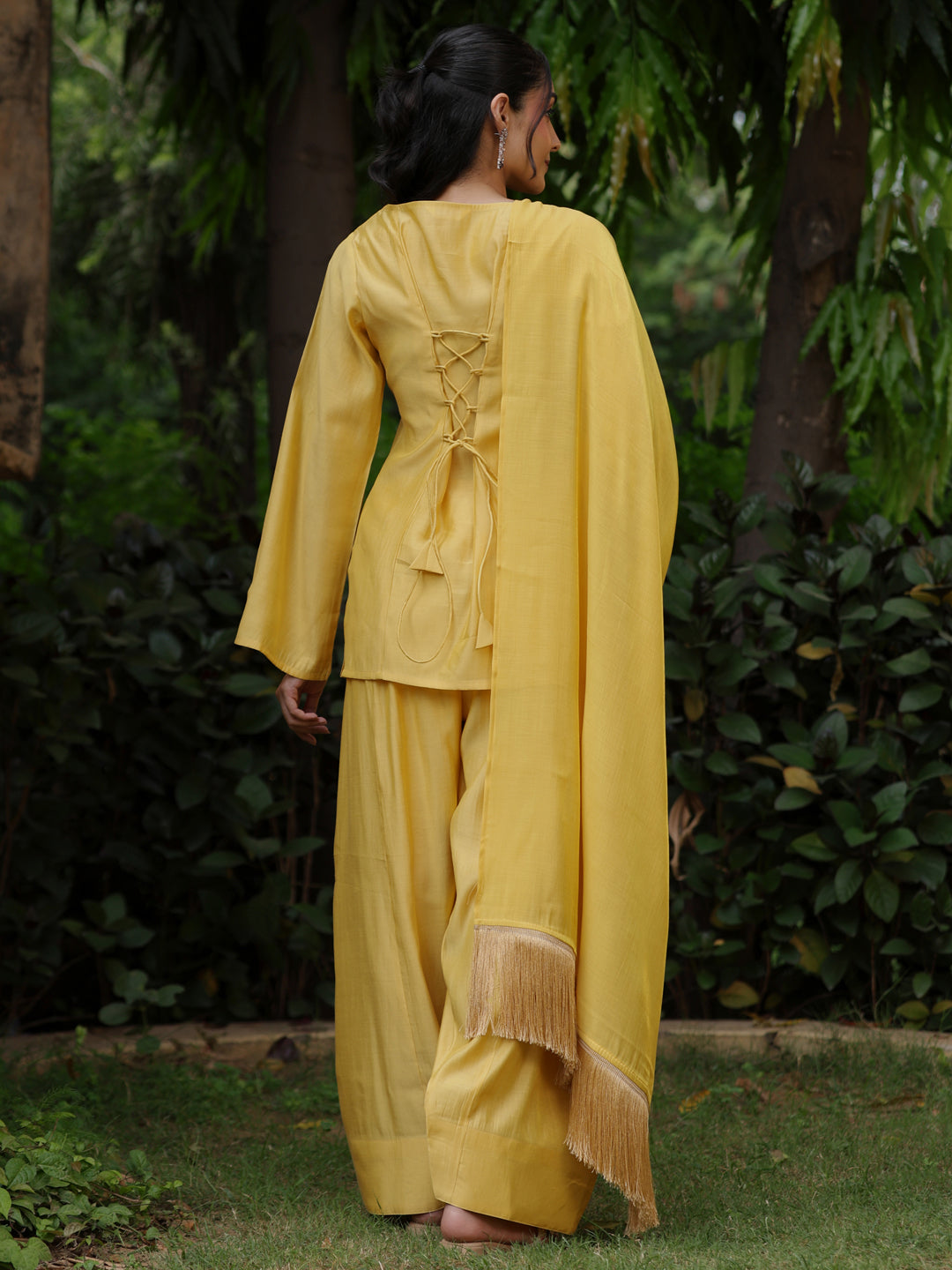 Women's Butter Yellow Embroidered Farshi Kurta Set With Dupatta