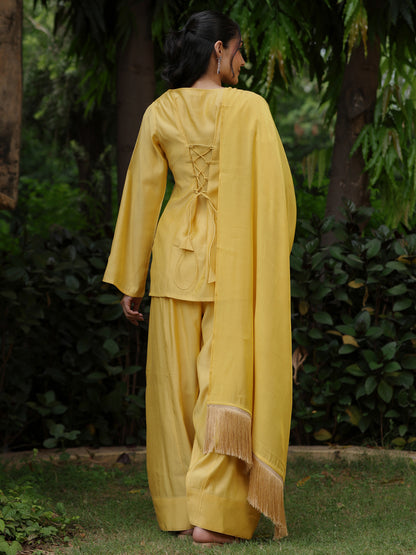 Women's Butter Yellow Embroidered Farshi Kurta Set With Dupatta