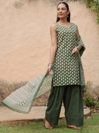 Women's Cotton Green Farshi Set with Chanderi Dupatta