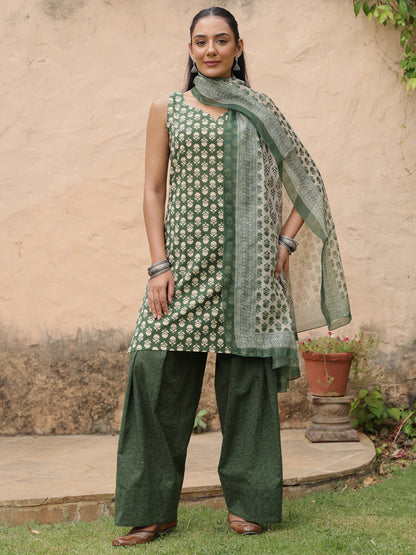 Women's Cotton Green Farshi Set with Chanderi Dupatta