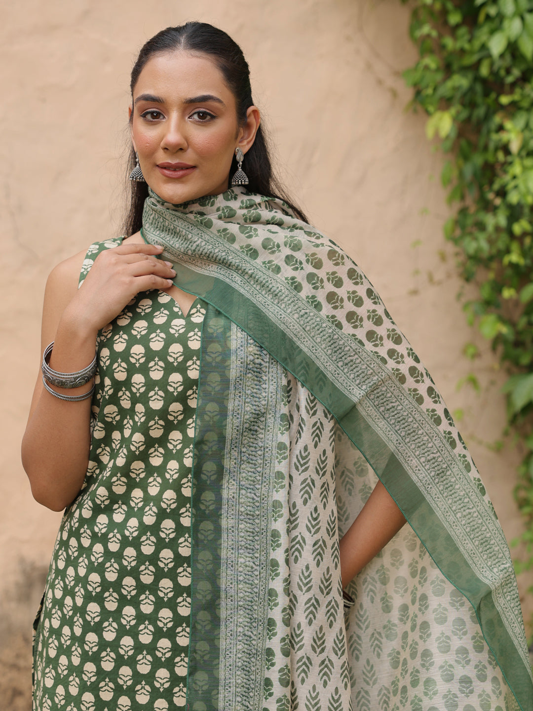 Women's Cotton Green Farshi Set with Chanderi Dupatta
