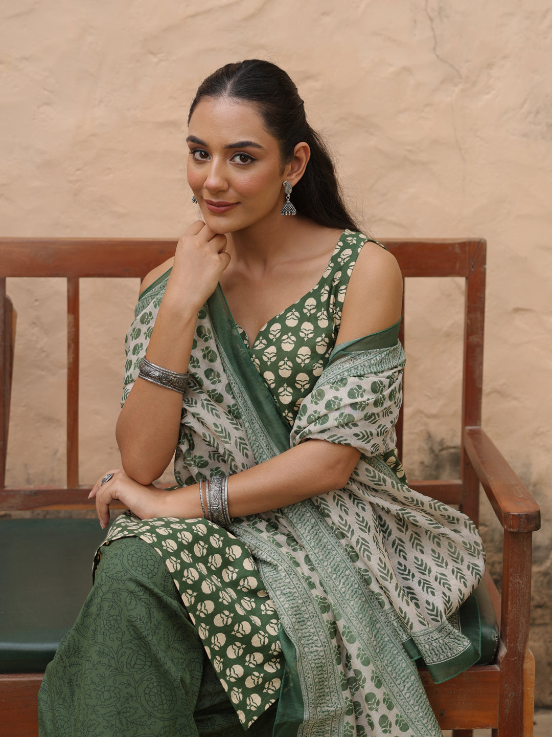 Women's Cotton Green Farshi Set with Chanderi Dupatta
