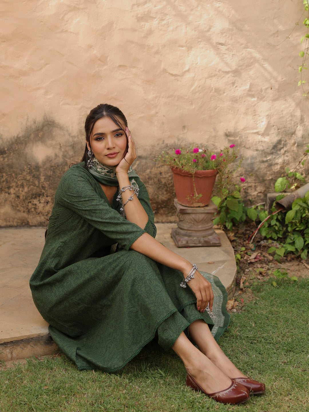 Women's Cotton Flared Anarkali Set with Chanderi Dupatta