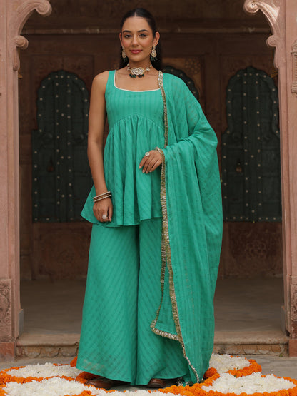 Women's Teal Woven Cotton Skirt Set With Dupatta