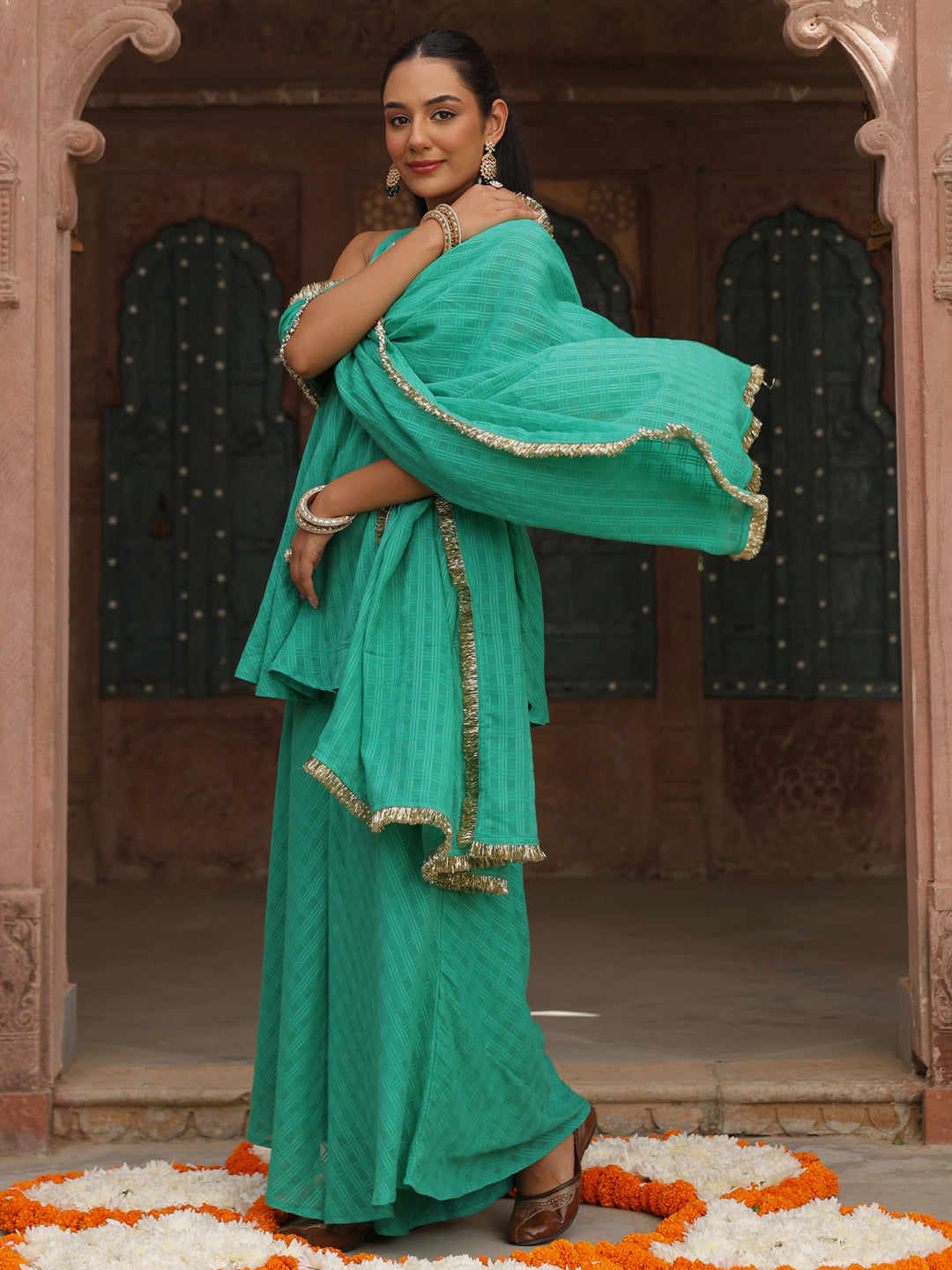 Women's Teal Woven Cotton Skirt Set With Dupatta