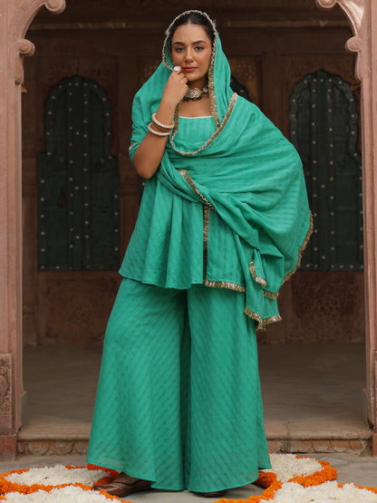 Women's Teal Woven Cotton Skirt Set With Dupatta