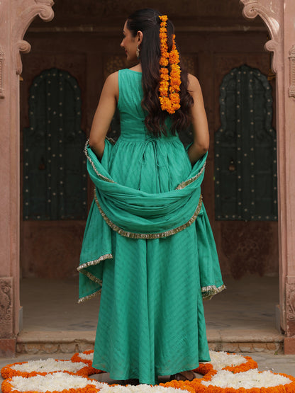 Women's Teal Woven Cotton Skirt Set With Dupatta