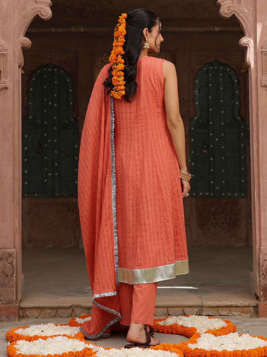 Women’s Peach Woven Cotton Sleeveless Anarkali Set with Dupatta