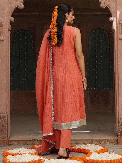 Women’s Peach Woven Cotton Sleeveless Anarkali Set with Dupatta