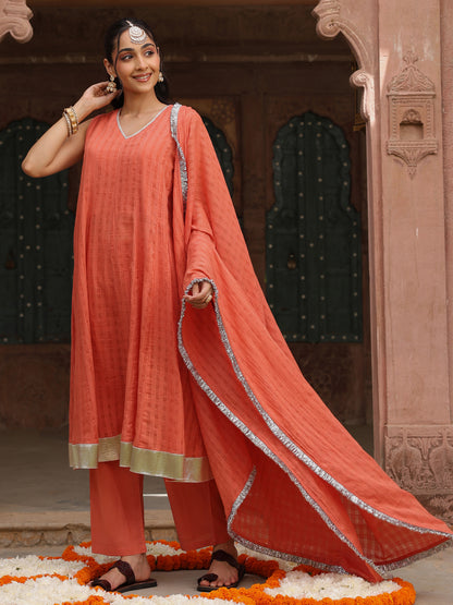 Women’s Peach Woven Cotton Sleeveless Anarkali Set with Dupatta