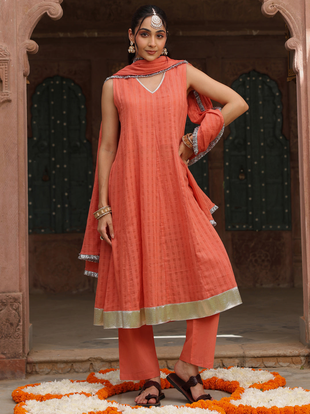 Women’s Peach Woven Cotton Sleeveless Anarkali Set with Dupatta