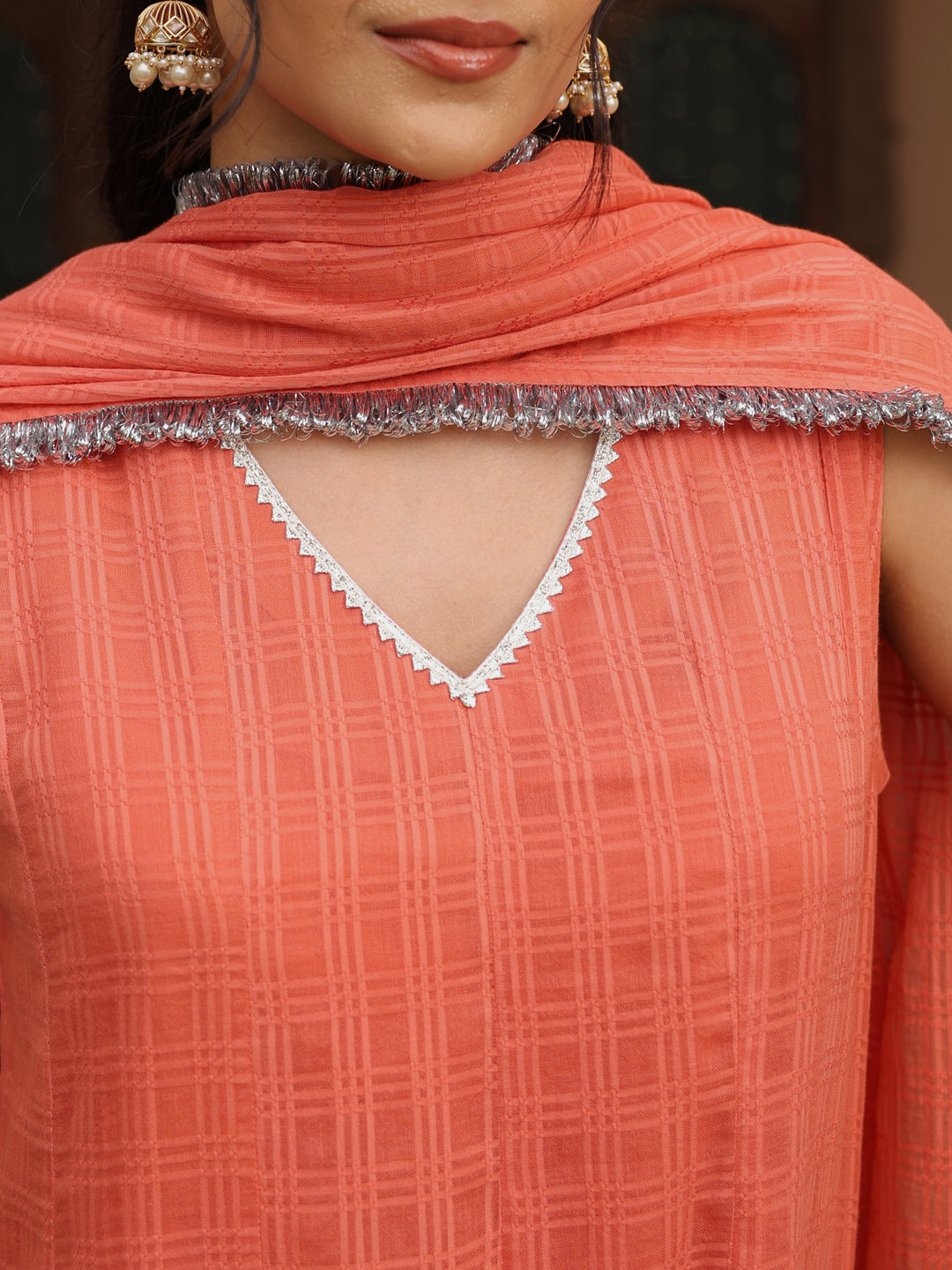 Women’s Peach Woven Cotton Sleeveless Anarkali Set with Dupatta