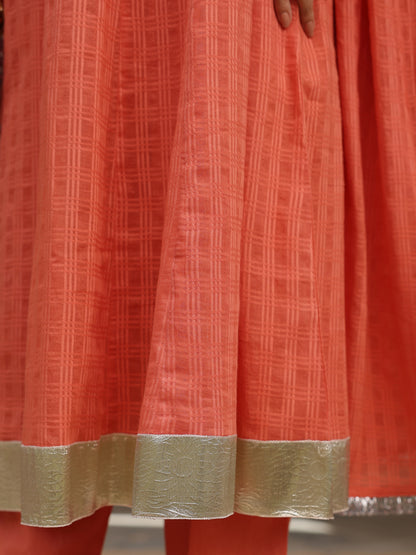 Women’s Peach Woven Cotton Sleeveless Anarkali Set with Dupatta