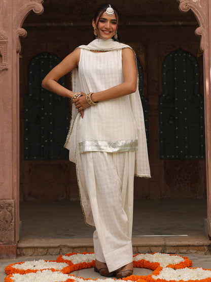 Women's White Woven Cottn Farshi Set with Dupatta