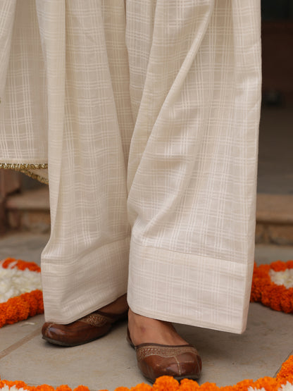 Women's White Woven Cottn Farshi Set with Dupatta