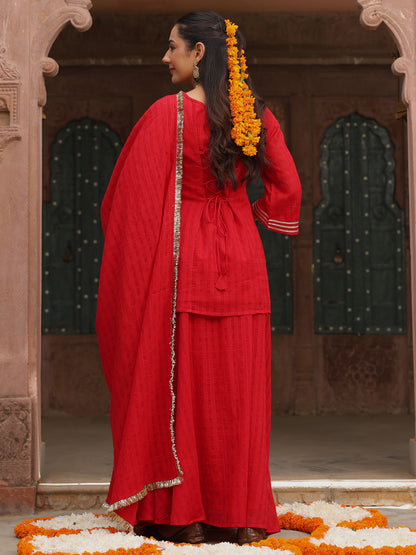 Women's Red Woven Cotton Skirt Set with Dupatta