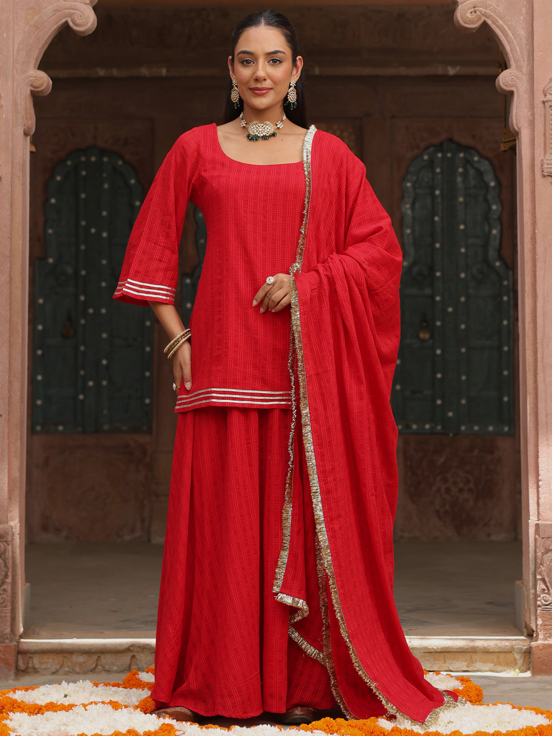 Women's Red Woven Cotton Skirt Set with Dupatta