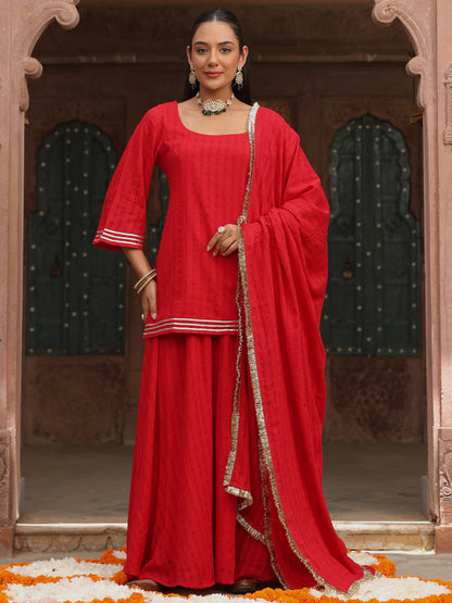 Women's Red Woven Cotton Skirt Set with Dupatta
