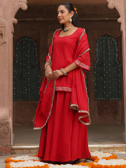Women's Red Woven Cotton Skirt Set with Dupatta