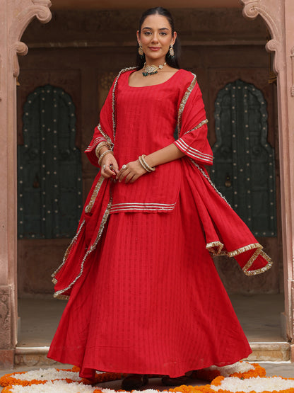 Women's Red Woven Cotton Skirt Set with Dupatta
