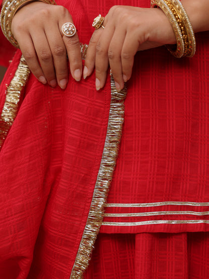 Women's Red Woven Cotton Skirt Set with Dupatta