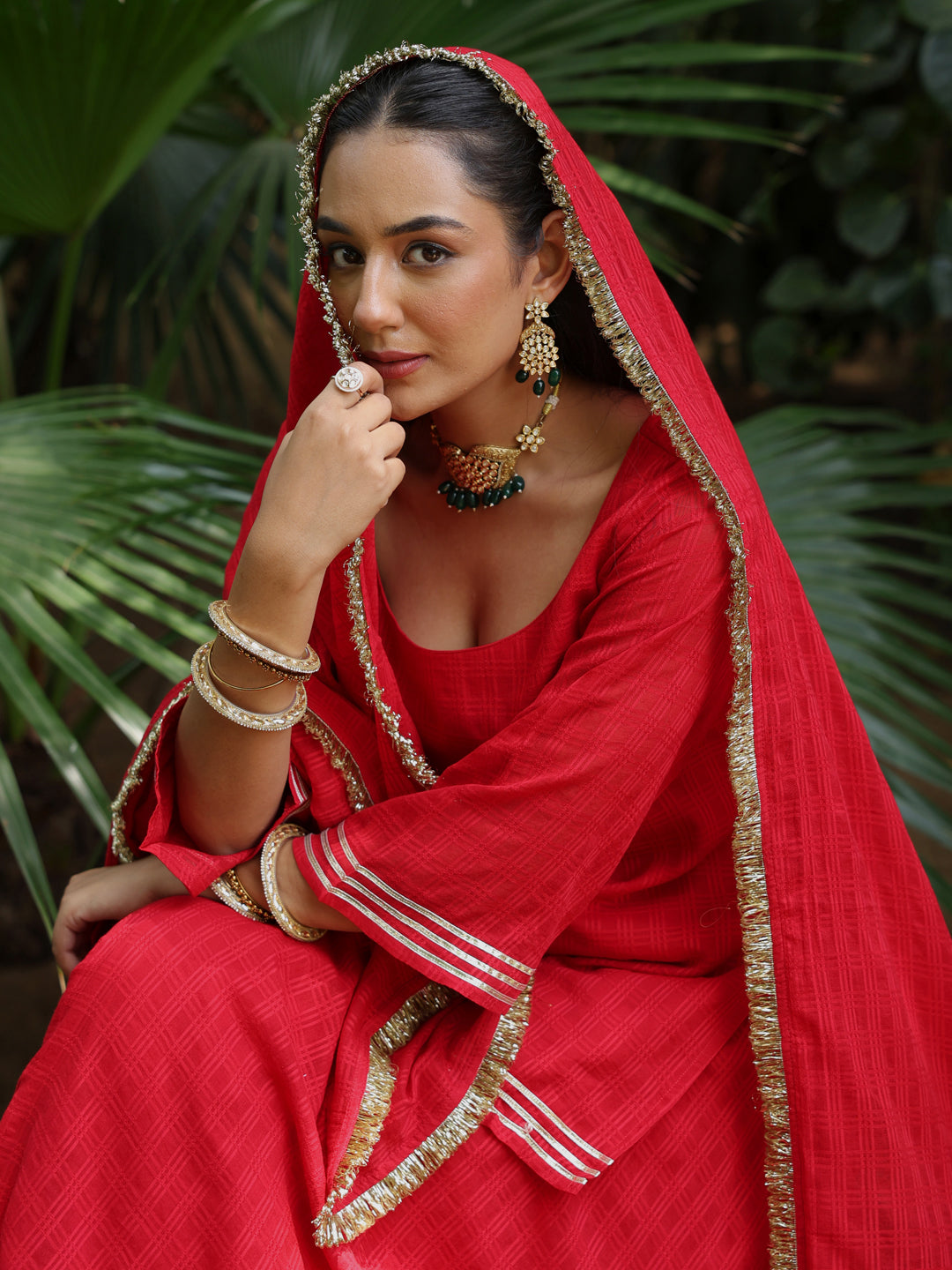 Women's Red Woven Cotton Skirt Set with Dupatta