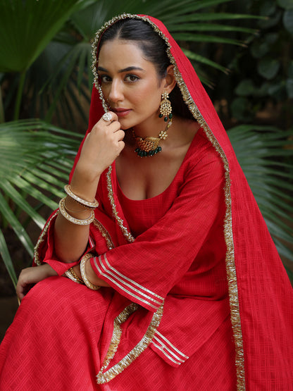 Women's Red Woven Cotton Skirt Set with Dupatta