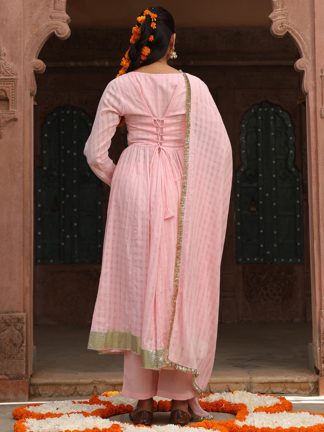 Women's Pink Woven Cotton Corset Anarkali Set with Dupatta