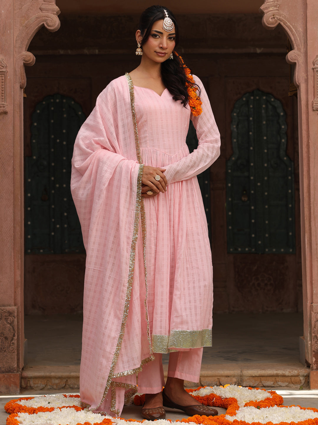Women's Pink Woven Cotton Corset Anarkali Set with Dupatta