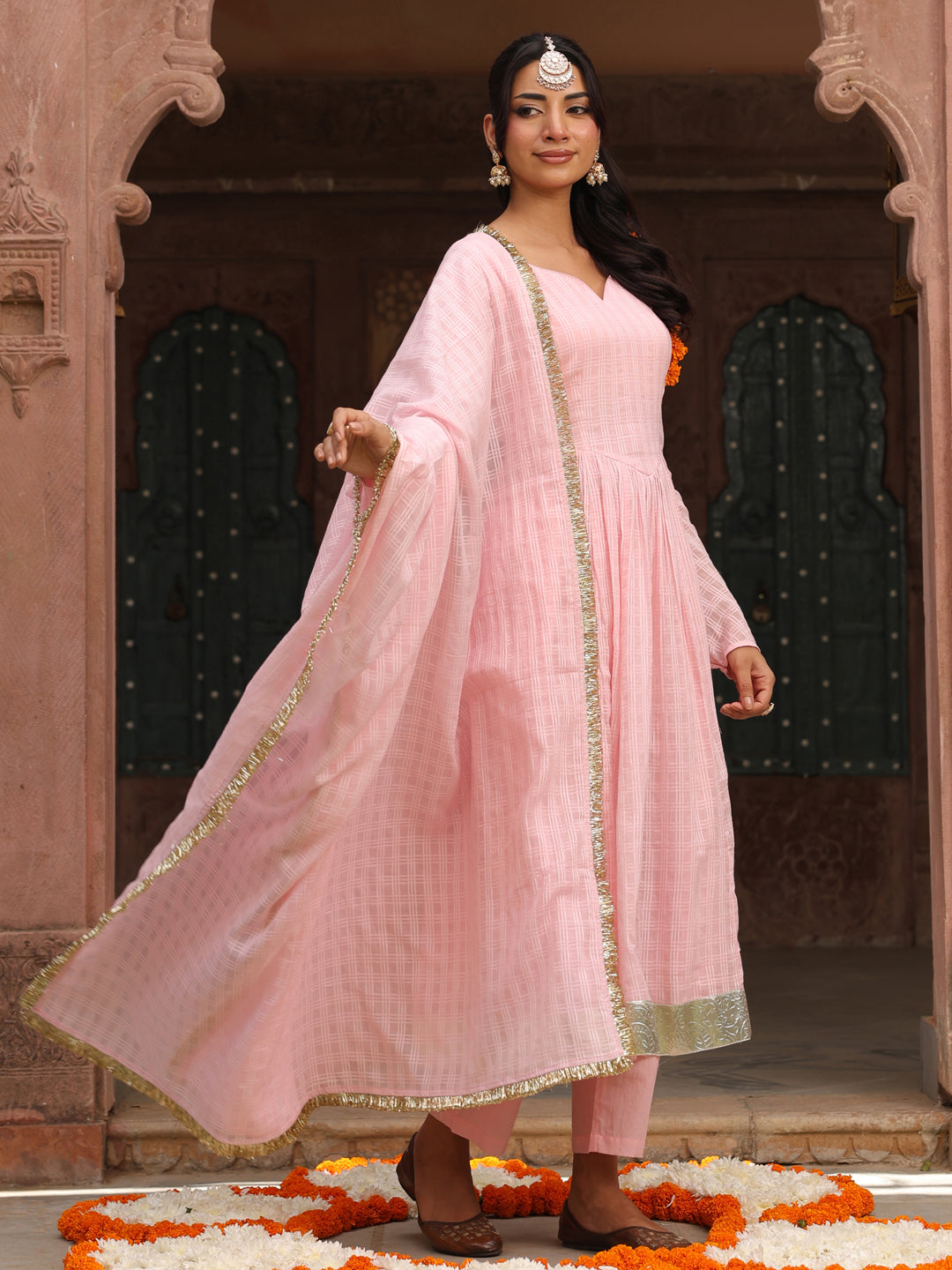 Women's Pink Woven Cotton Corset Anarkali Set with Dupatta