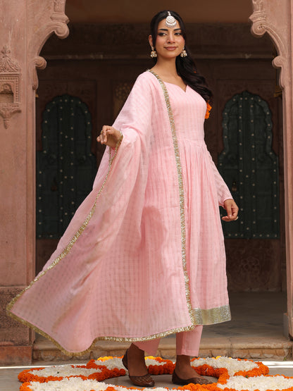 Women's Pink Woven Cotton Corset Anarkali Set with Dupatta