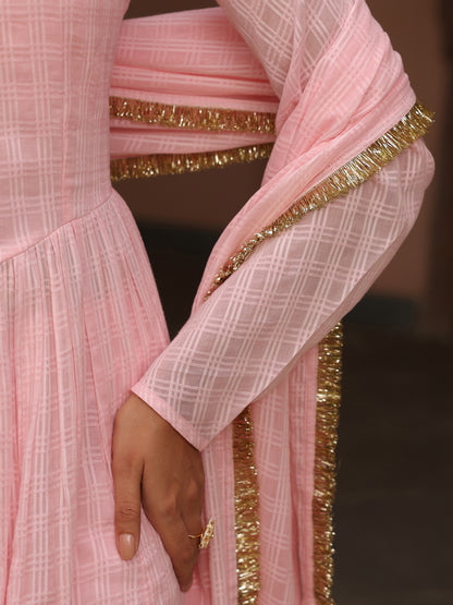 Women's Pink Woven Cotton Corset Anarkali Set with Dupatta