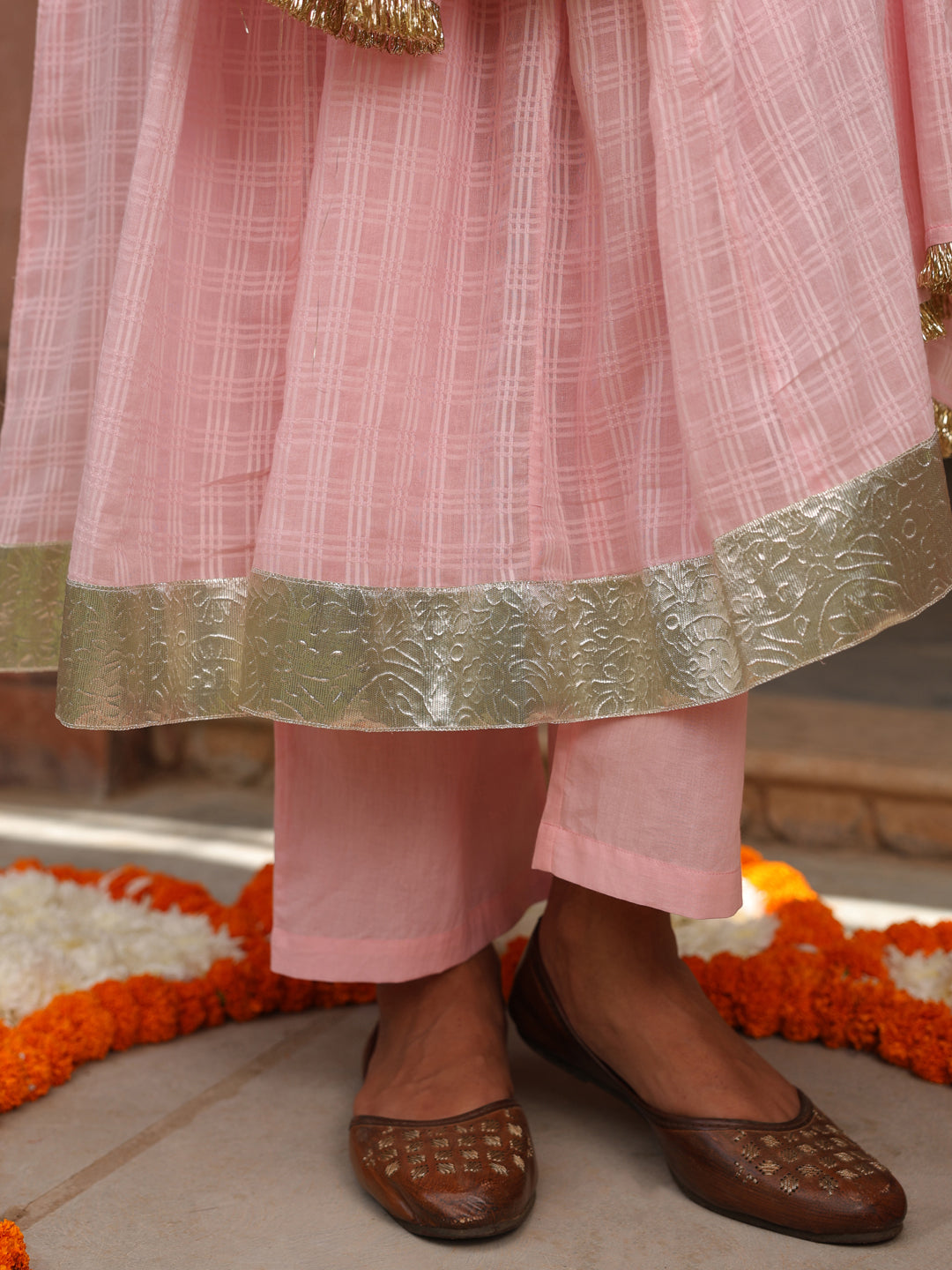 Women's Pink Woven Cotton Corset Anarkali Set with Dupatta