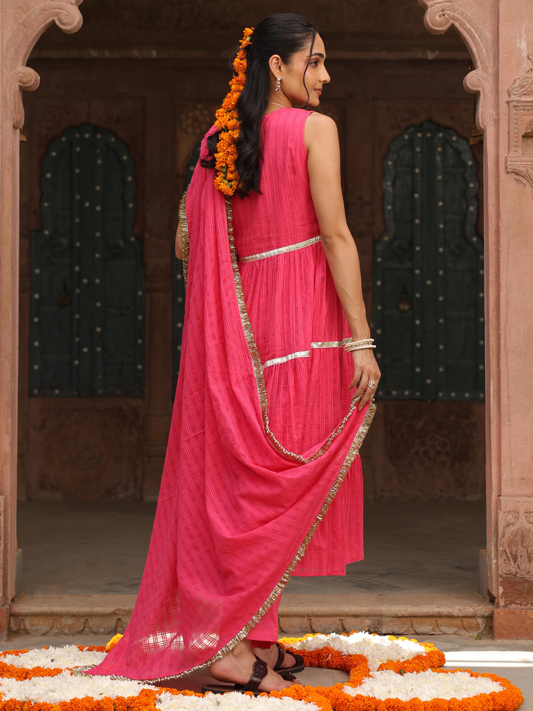 Women's Pink Woven Angrakha Kurta Set With Dupatta