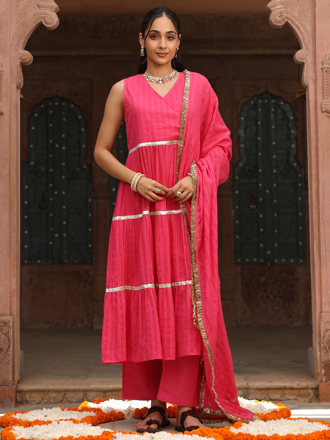 Women's Pink Woven Angrakha Kurta Set With Dupatta