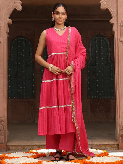 Women's Pink Woven Angrakha Kurta Set With Dupatta