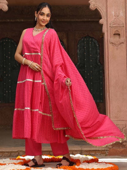 Women's Pink Woven Angrakha Kurta Set With Dupatta