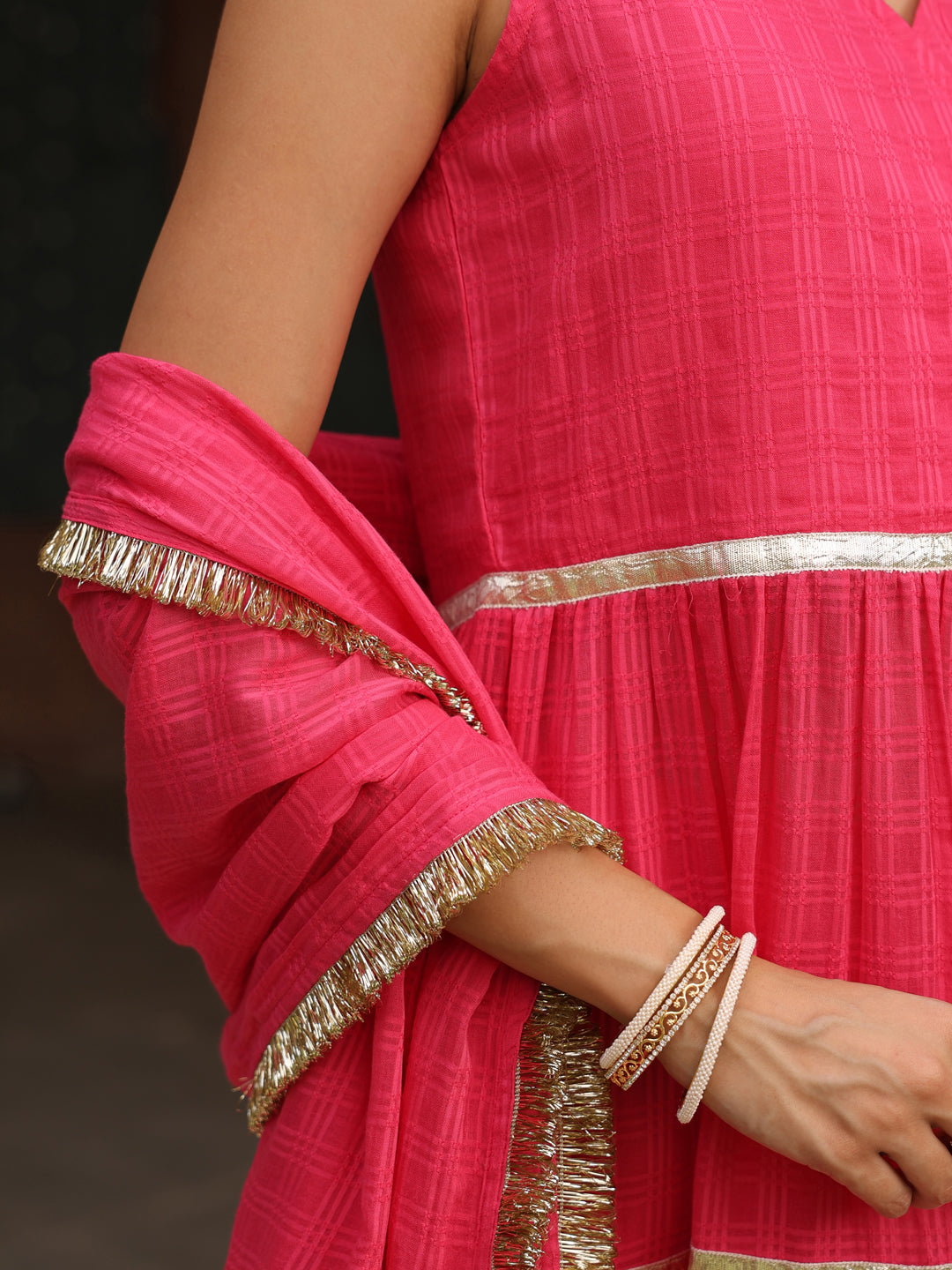 Women's Pink Woven Angrakha Kurta Set With Dupatta