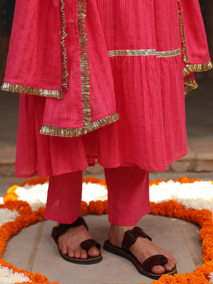 Women's Pink Woven Angrakha Kurta Set With Dupatta