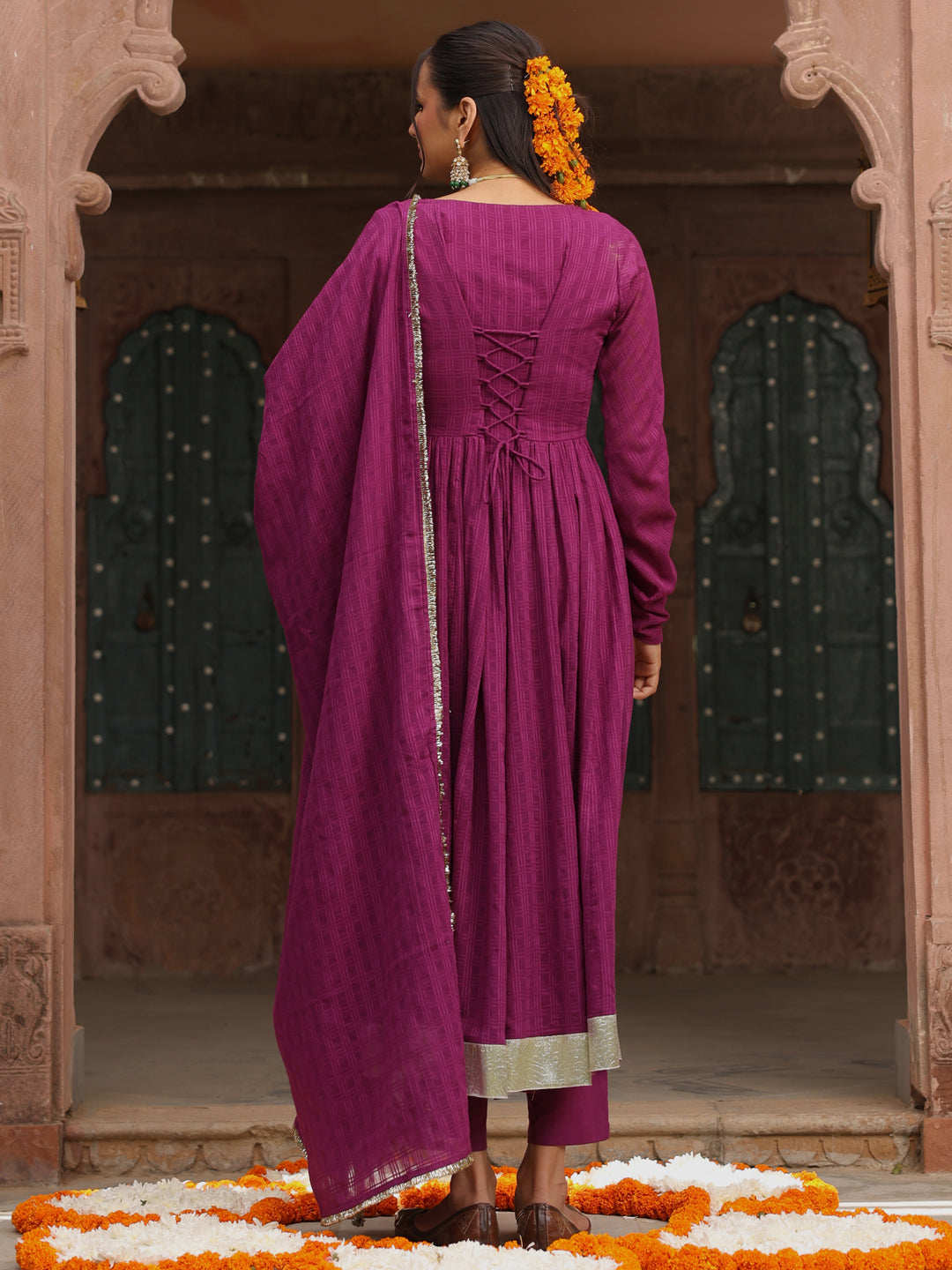 Women's Purple Woven Cotton Corset Anarkali Set with Dupatta