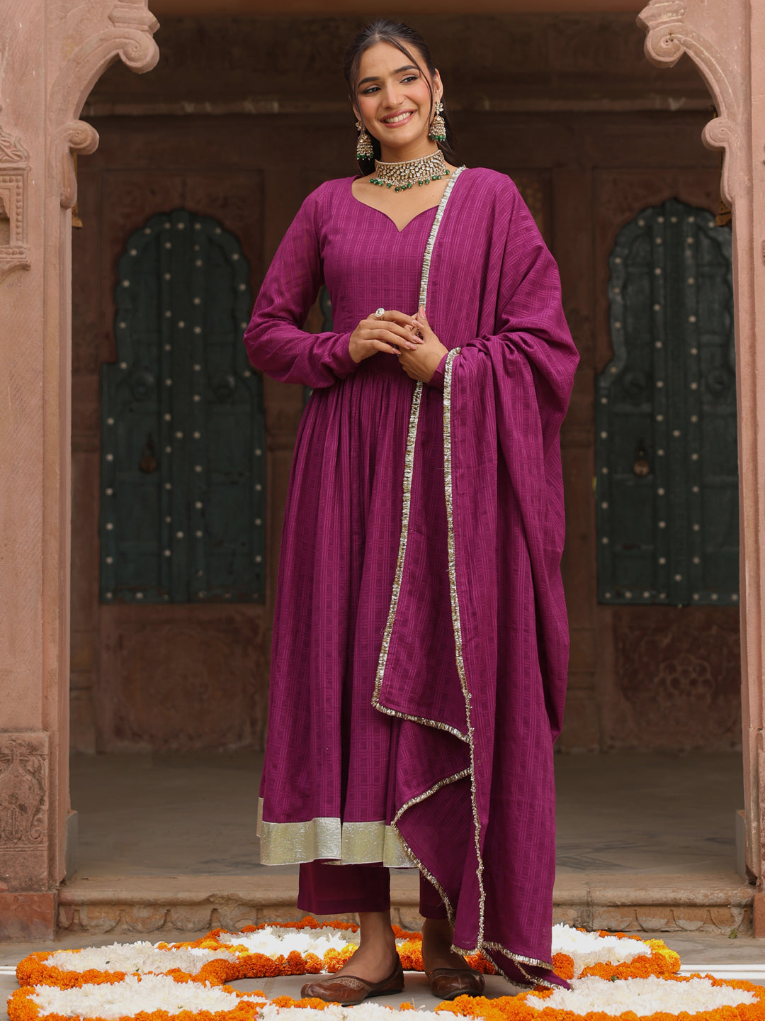 Women's Purple Woven Cotton Corset Anarkali Set with Dupatta