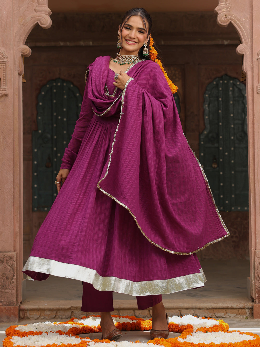 Women's Purple Woven Cotton Corset Anarkali Set with Dupatta