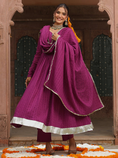 Women's Purple Woven Cotton Corset Anarkali Set with Dupatta