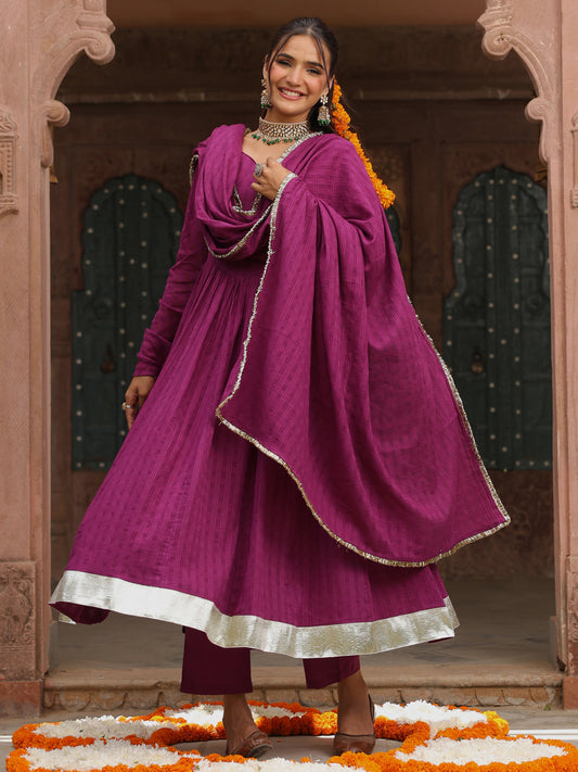 Women's Purple Woven Cotton Corset Anarkali Set with Dupatta