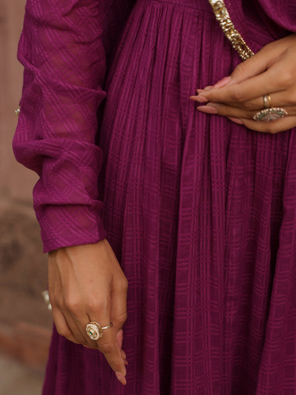 Women's Purple Woven Cotton Corset Anarkali Set with Dupatta