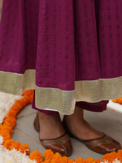 Women's Purple Woven Cotton Corset Anarkali Set with Dupatta