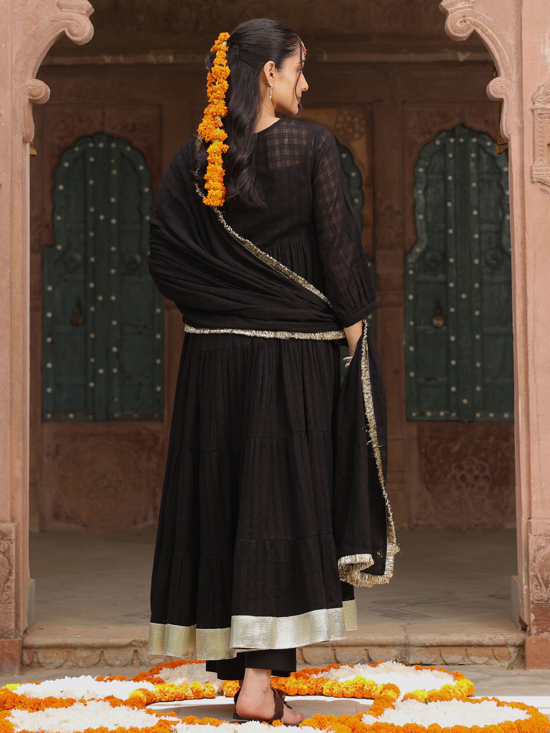 Women's Black Woven Cotton Tiered Kurta Set With Dupatta
