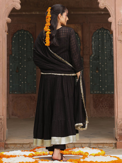 Women's Black Woven Cotton Tiered Kurta Set With Dupatta